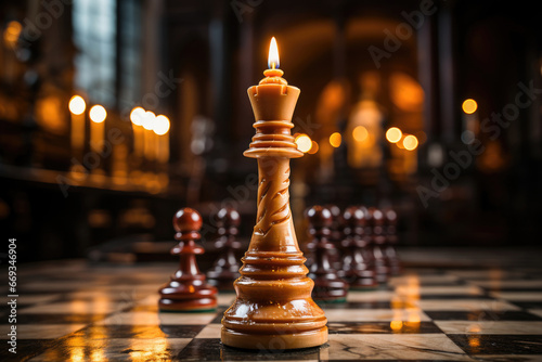 Illuminated chess king with a flame in a historic church setting, reflecting strategy and contemplation.