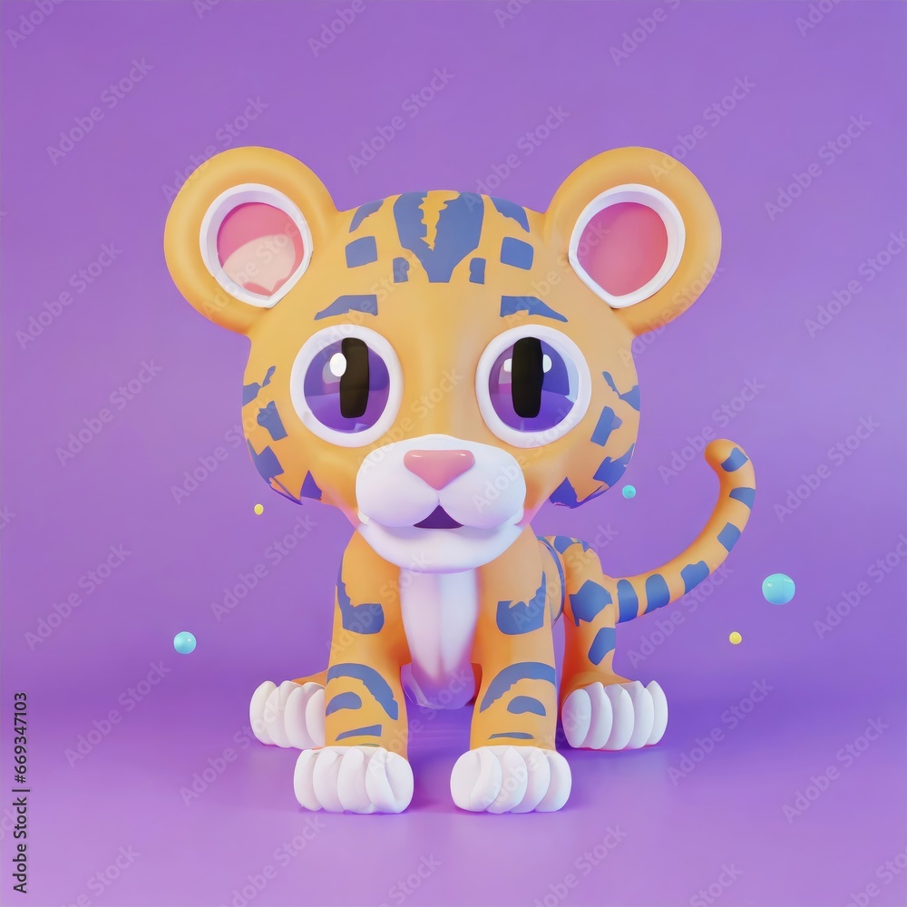 Fototapeta premium cute little baby tiger with big black eyes. Fantasy monster. Small Funny Cartoon character. Fairy tale. Isolated on black background. AI Generated.