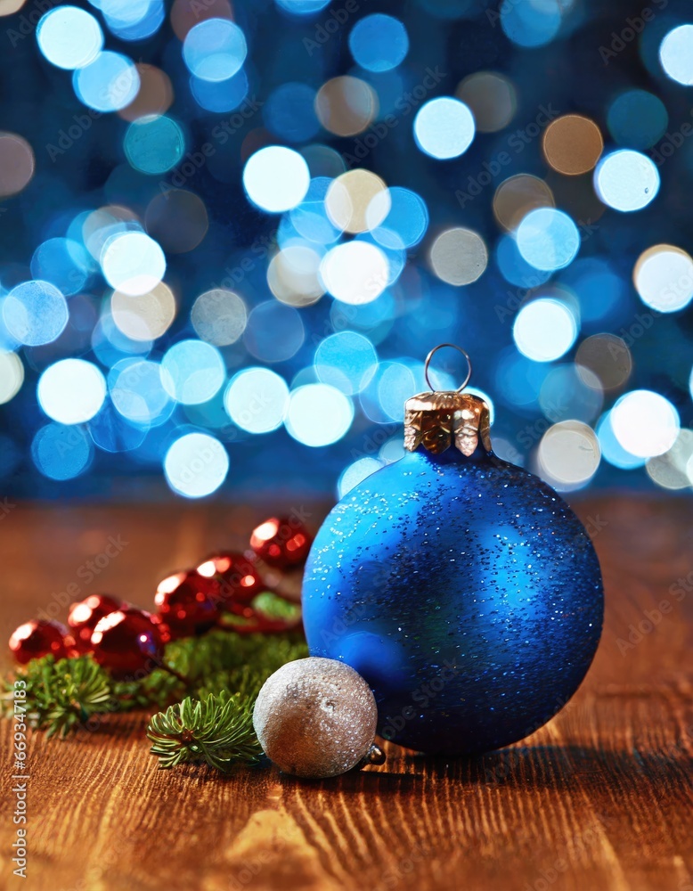 Fototapeta premium New Year Christmas tree toy, branches of a christmas tree, New Year decorations on a wood background. AI Generated.