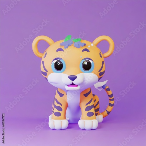 cute little baby tiger with big black eyes. Fantasy monster. Small Funny Cartoon character. Fairy tale. Isolated on black background. AI Generated.