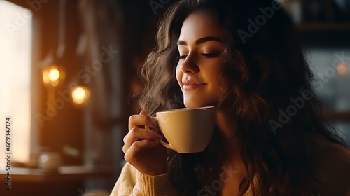 A girl drinking a cup of coffee in a comfortable home. Generative Ai.