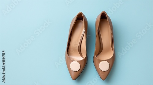 high heel shoes on brown background with blue pastel circle in the middle. Stylish shoes. Minimalistic fashion still life. Top view