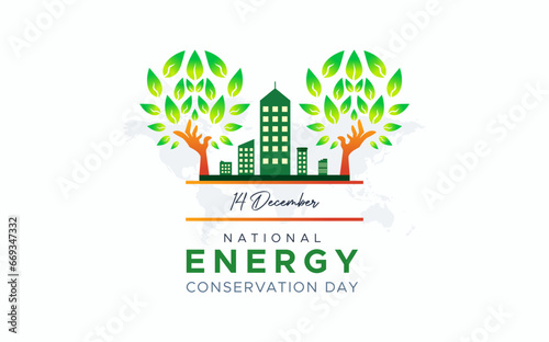 design commemorating national energy conservation day. December 14. green trees and buildings