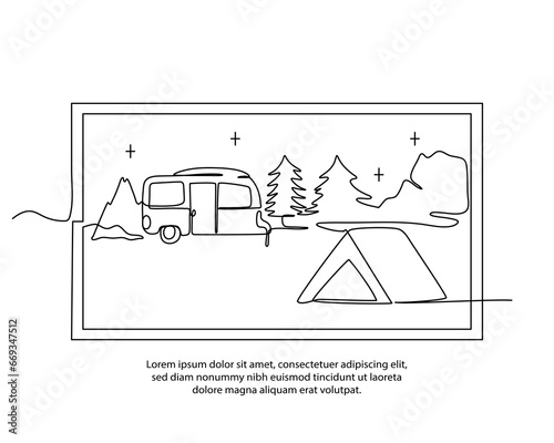 One line of camping activity poster drawing with a beautiful frame. Abstract minimal continuous line wall decor.