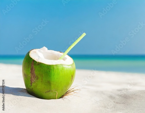 tropical coconut drinks on the beach, minimalist with copy space background. AI Generated.