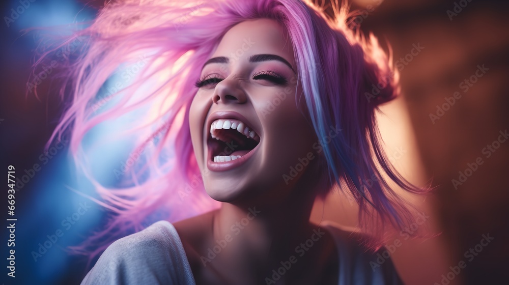 A joyful young woman with colored hair holding a smartphone. Generative Ai.