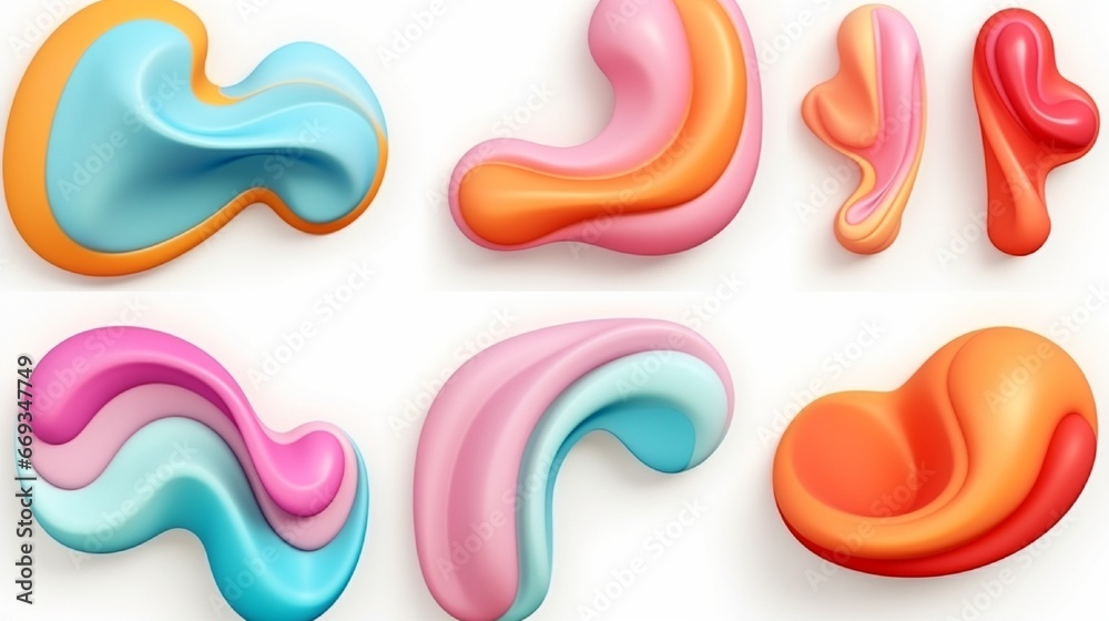Collection of 3d abstract shape in cartoon style. Set of realistic elements for design of various decorative in soft multicolored tones.. Isolated on white background. vector illustration Collection of 3d abstract shape in cartoon style. Set of realistic elements for design of various decorative in soft multicolored tones.. Isolated on white background. vector illustration