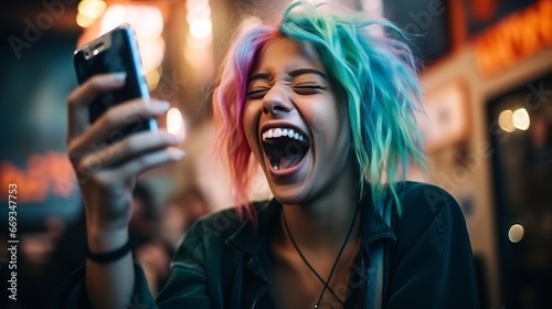 A joyful young woman with colored hair holding a smartphone. Generative Ai.