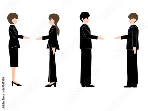 握手や挨拶をするスーツを着た男性と女性のビジネスマン