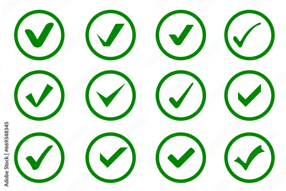 Check mark icon set. Green check mark. Verified badge Tick icon. Checkmark collection. Approved icon. Vector illustration. Isolated on white background. Check mark icon set. Green check mark. Verified badge Tick icon. Checkmark collection. Approved icon. Vector illustration. Isolated on white background.