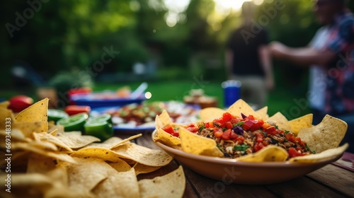 Tortilla chips and bean dip served at an outdoor party photo