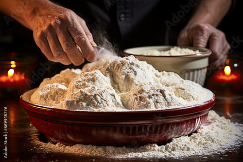 someone sping flour into a red bowl on a wooden table with candles in the background and a person's hand reaching for