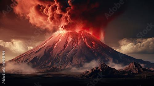 a volcano erupting with lava and smoke coming out of it. an exploding volcano with bright red and black