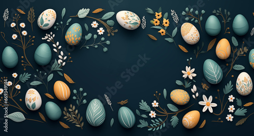 Easter eggs with banner with handwritten happy easter greeting on dark blue ground 2