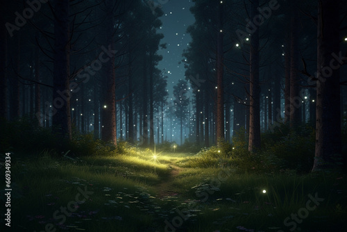 Mystical dark forest at night with moonlight. 3D rendering