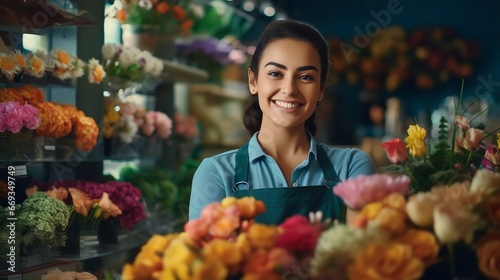 A happy woman pictured standing at her flower store. Generative Ai.