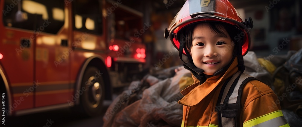 Portrait of happy asian boy wearing firefighter uniform with fire truck in background Portrait of happy asian boy wearing firefighter uniform with fire truck in background
