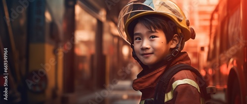 Portrait of happy asian boy wearing firefighter uniform with fire truck in background photo