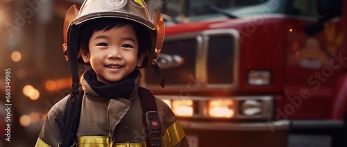 Portrait of happy asian boy wearing firefighter uniform with fire truck in background