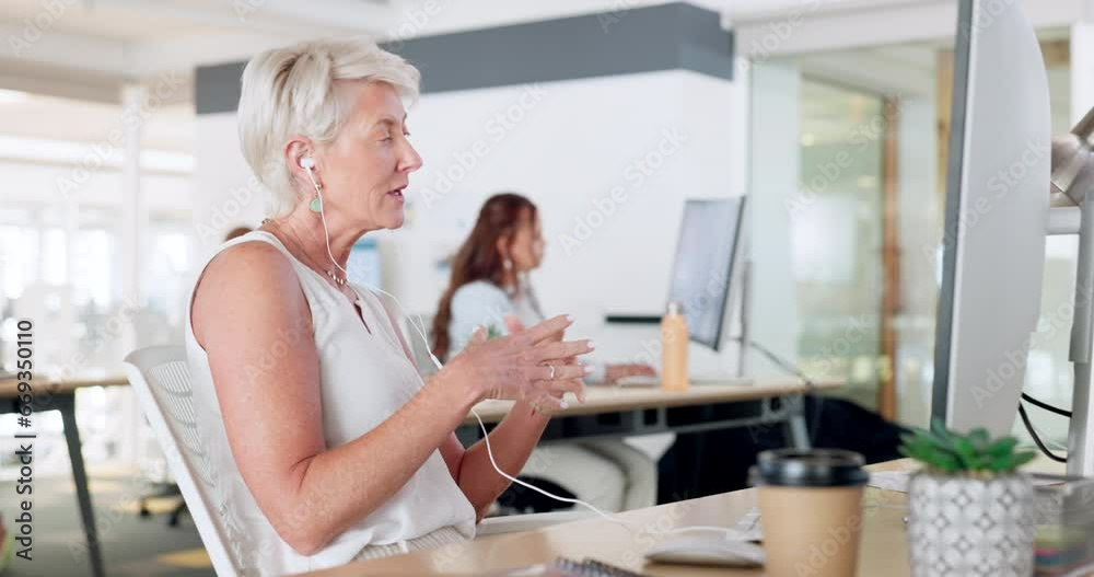Business woman, computer or talking during video call, virtual meeting or webinar at office desk with earphones. Senior employee speaking during consultation online with connection crm or networking Business woman, computer or talking during video call, virtual meeting or webinar at office desk with earphones. Senior employee speaking during consultation online with connection crm or networking