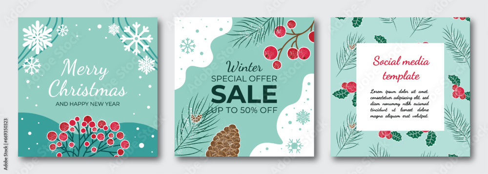 Christmas posters. Set of christmas banners. Merry Christmas. Happy New Year.. Christmas plants. Winter pattern. for social media.