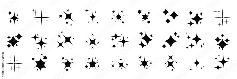 Set of stars on black background. Sparkle star icons. Different black sparkles icons. Collection of star sparkles symbol. Stars sparkles. Vector Set of stars on black background. Sparkle star icons. Different black sparkles icons. Collection of star sparkles symbol. Stars sparkles. Vector