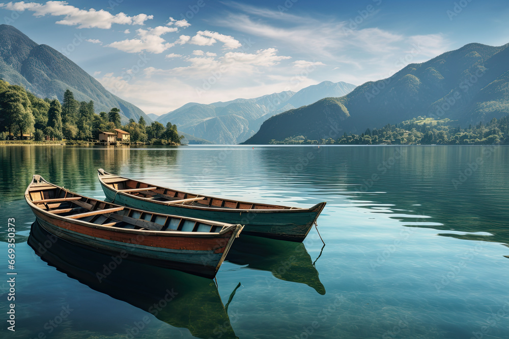 old wooden boat on lake shore with beautiful mountain and trees landscape old wooden boat on lake shore with beautiful mountain and trees landscape