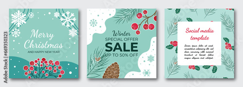 Christmas posters. Set of christmas banners. Merry Christmas. Happy New Year.. Christmas plants. Winter pattern. for social media.