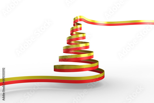 Digital png illustration of christmas tree shape with yellow red ribbon on transparent background