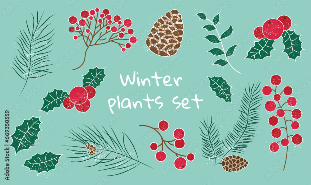 Set with berries and leaves. Winter plants. Merry Christmas. Happy New Year. Pinecone, spruce branch, rowan, snow leaves. Set with berries and leaves. Winter plants. Merry Christmas. Happy New Year. Pinecone, spruce branch, rowan, snow leaves.