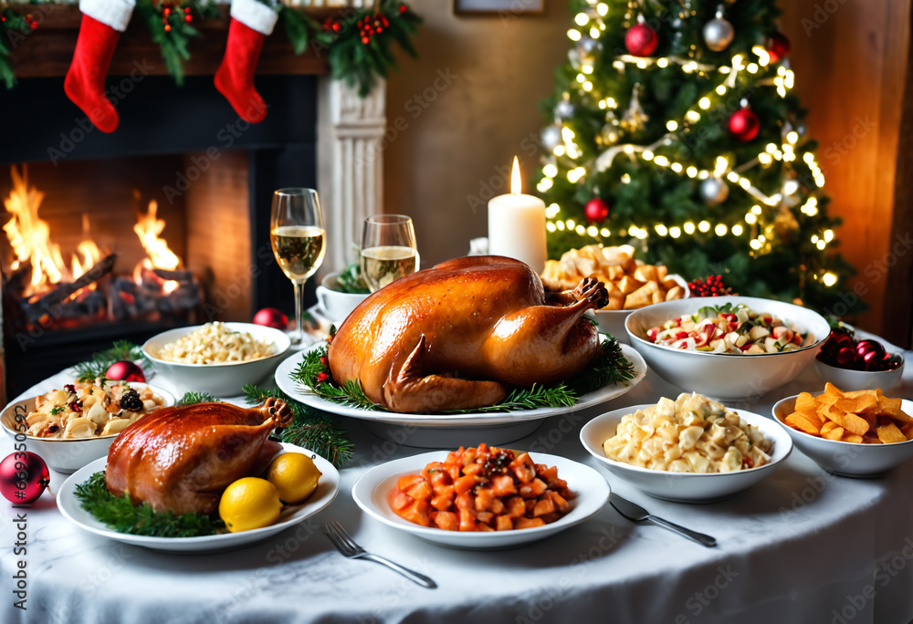 Christmas dinner table. Generative AI Christmas dinner table. Generative AI