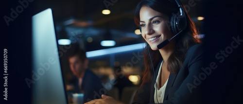 call center woman wearing headphone smiled working and providing service with courtesy and attention front of laptop, Generative AI