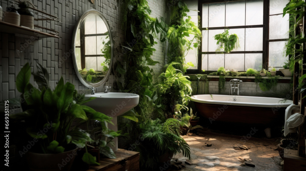 Bathroom with subway tile and a variety of dark green plants of deep forest style. Bathroom with subway tile and a variety of dark green plants of deep forest style.