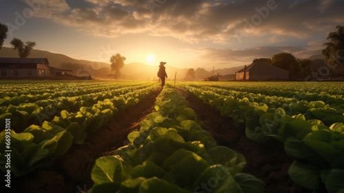 A farmer at field of organic lettuce growing in a sustainable farm.