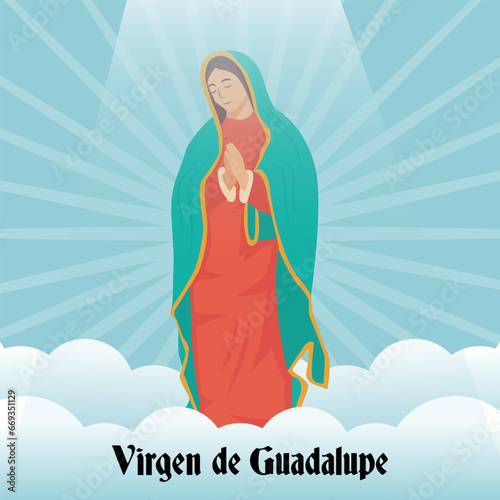 flat design Virgen de Guadalupe illustration with clouds