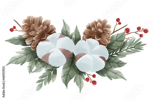 Watercolor Christmas Cotton Holly pine cone composition border hand drawn illustration
