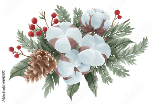 Watercolor Christmas Cotton Holly pine cone composition border hand drawn illustration