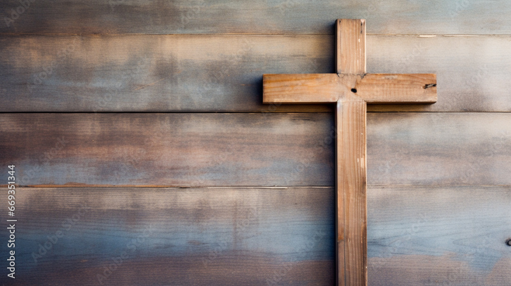 A wooden cross against a simple, rustic background, conveying the humility of the Christian faith, copy space.