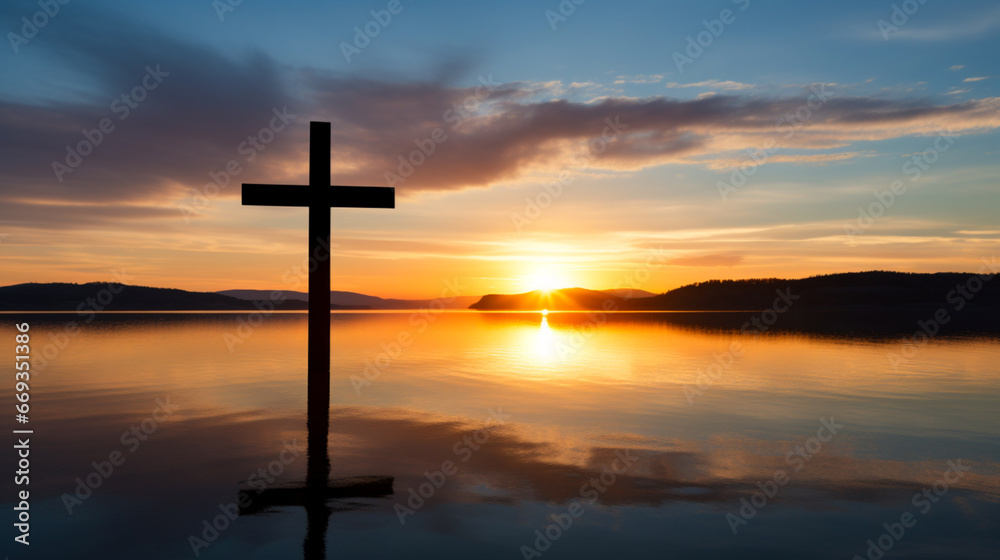 Sunrise or sunset over a calm body of water, with a cross silhouette in the foreground, symbolizing new beginnings and faith, copy space.