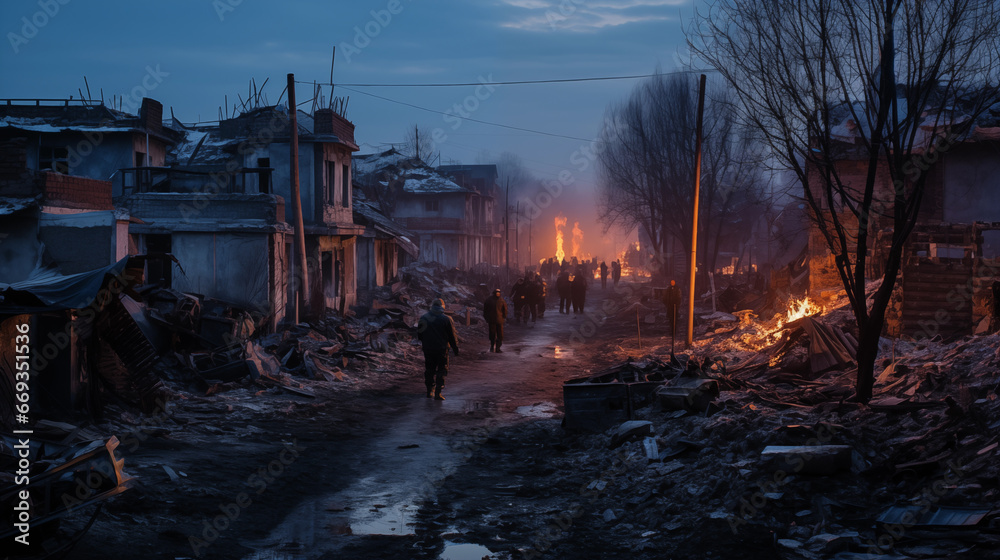 A street scene in a village devastated by bombing - obrazy, fototapety, plakaty 