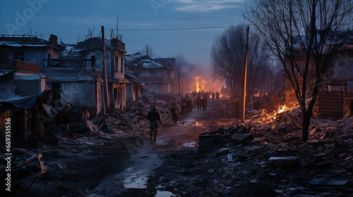 A street scene in a village devastated by bombing photo