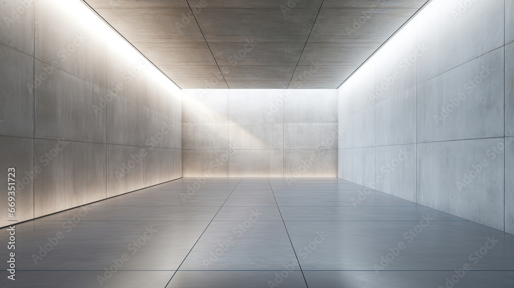 a long hallway with concrete walls in the background