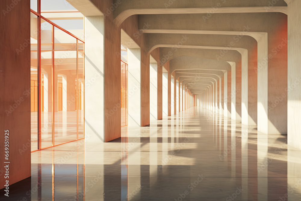 Naklejka premium a long hallway with concrete walls in the background