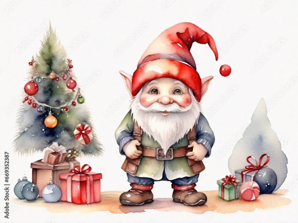Santa Claus drawing cartoon style and christmas tree on white background, watercolor