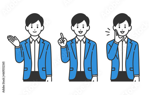 案内･指差し･呼びかけのポーズをするビジネスパーソン男性のセット【人物ベクターイラスト素材】