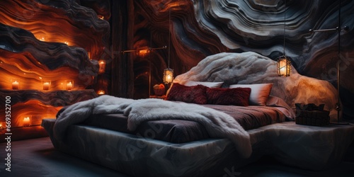 A bold and eye-catching bedroom, with an agate texture, and a back lighting effect. AI Generative