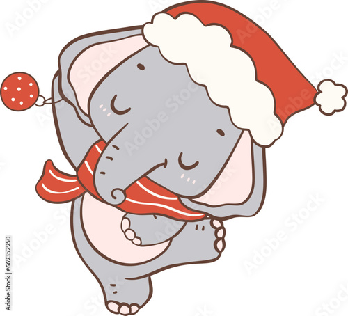 Christmas Elephant with Santa Hat Cartoon Animal Hand Drawing.  photo