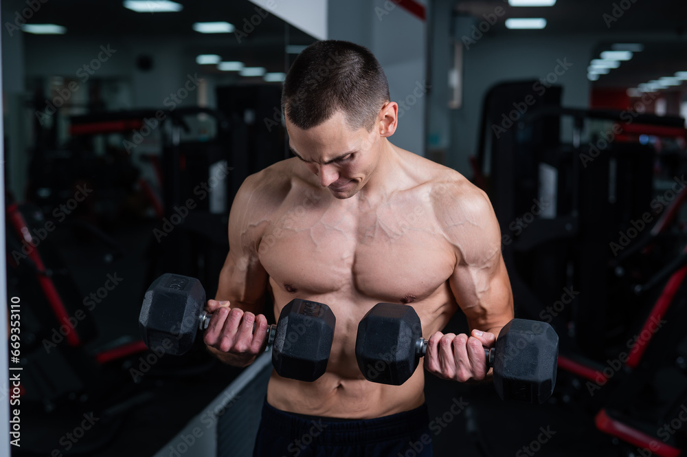 Shirtless man doing bicep exercises with dumbbells in the gym. Shirtless man doing bicep exercises with dumbbells in the gym.