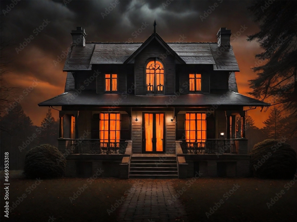 big scary house at night with orange light in the window illustration big scary house at night with orange light in the window illustration