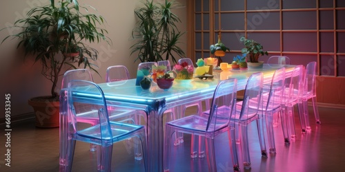 A clear and concise dining room, with an ammo lite texture, and a black light effect. AI Generative © Horsi